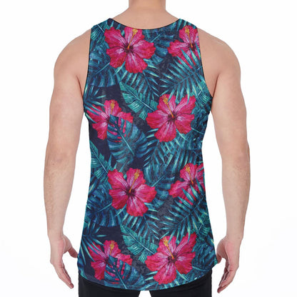 Hot Pink Hibiscus Tropical Pattern Print Men's Velvet Tank Top