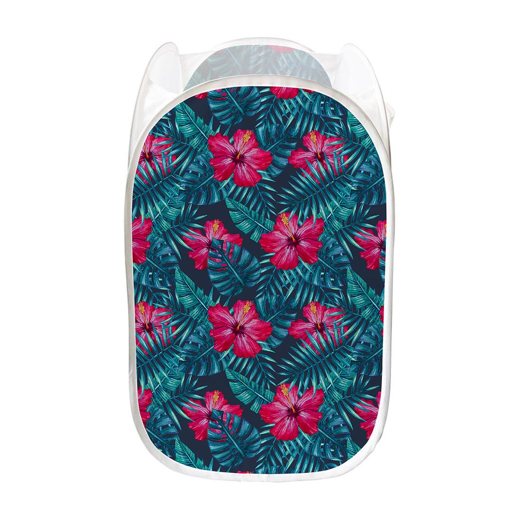 Hot Pink Hibiscus Tropical Pattern Print Mesh Laundry Hamper