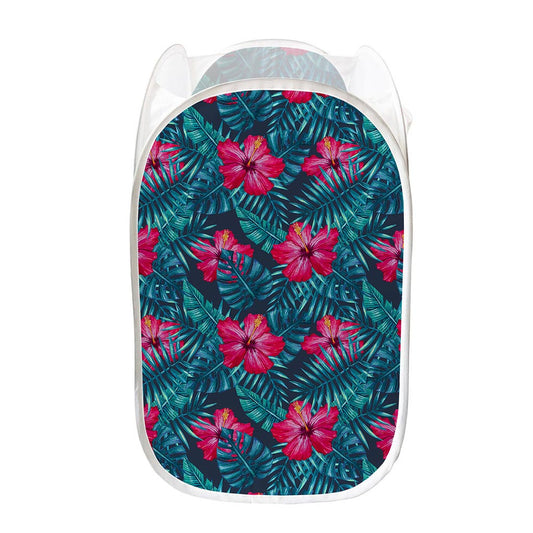 Hot Pink Hibiscus Tropical Pattern Print Mesh Laundry Hamper