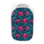 Hot Pink Hibiscus Tropical Pattern Print Mesh Laundry Hamper