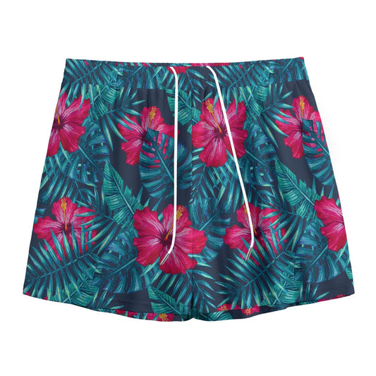 Hot Pink Hibiscus Tropical Pattern Print Mesh Shorts