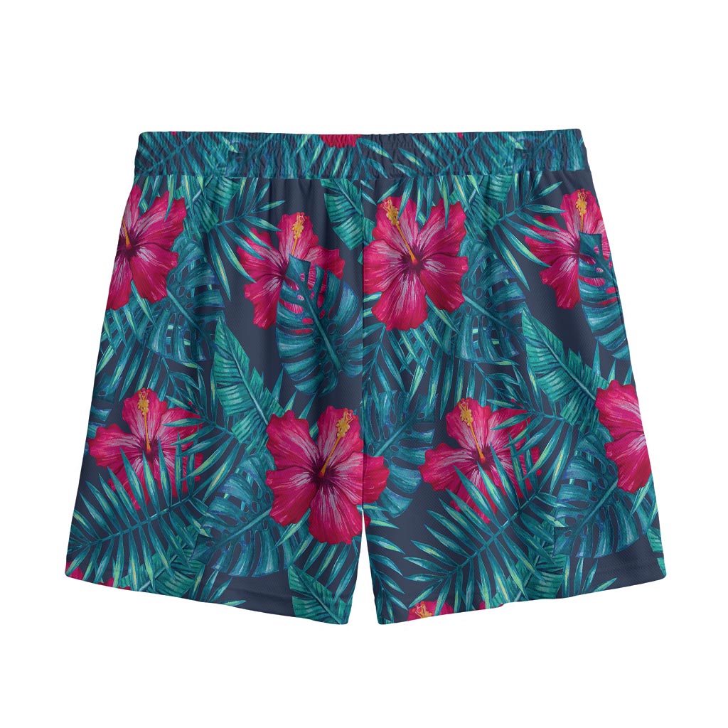 Hot Pink Hibiscus Tropical Pattern Print Mesh Shorts