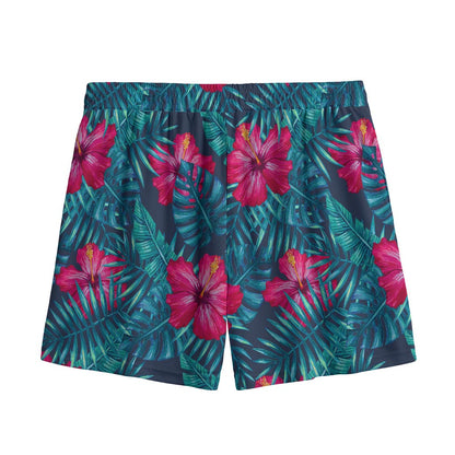 Hot Pink Hibiscus Tropical Pattern Print Mesh Shorts
