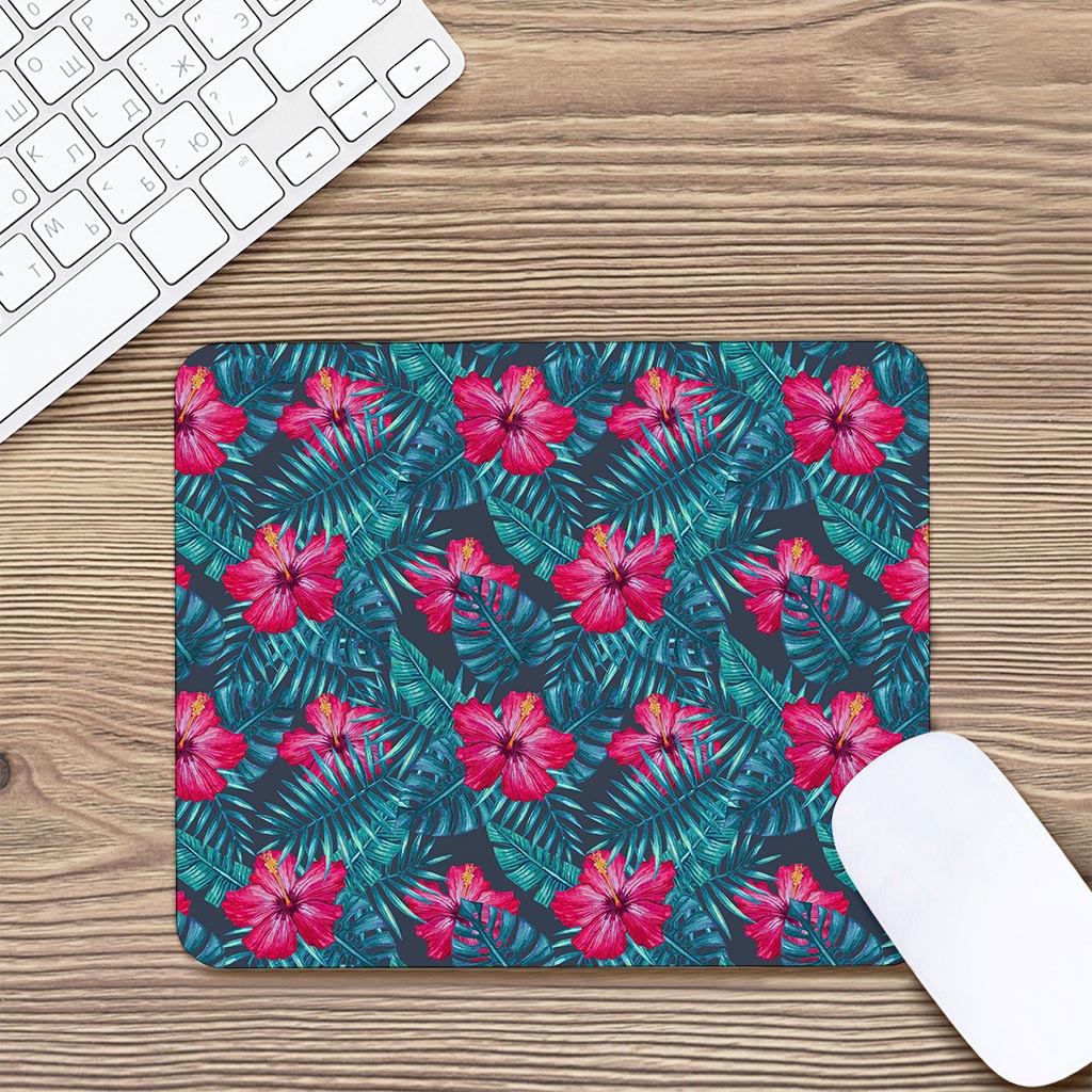 Hot Pink Hibiscus Tropical Pattern Print Mouse Pad