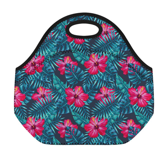 Hot Pink Hibiscus Tropical Pattern Print Neoprene Lunch Bag