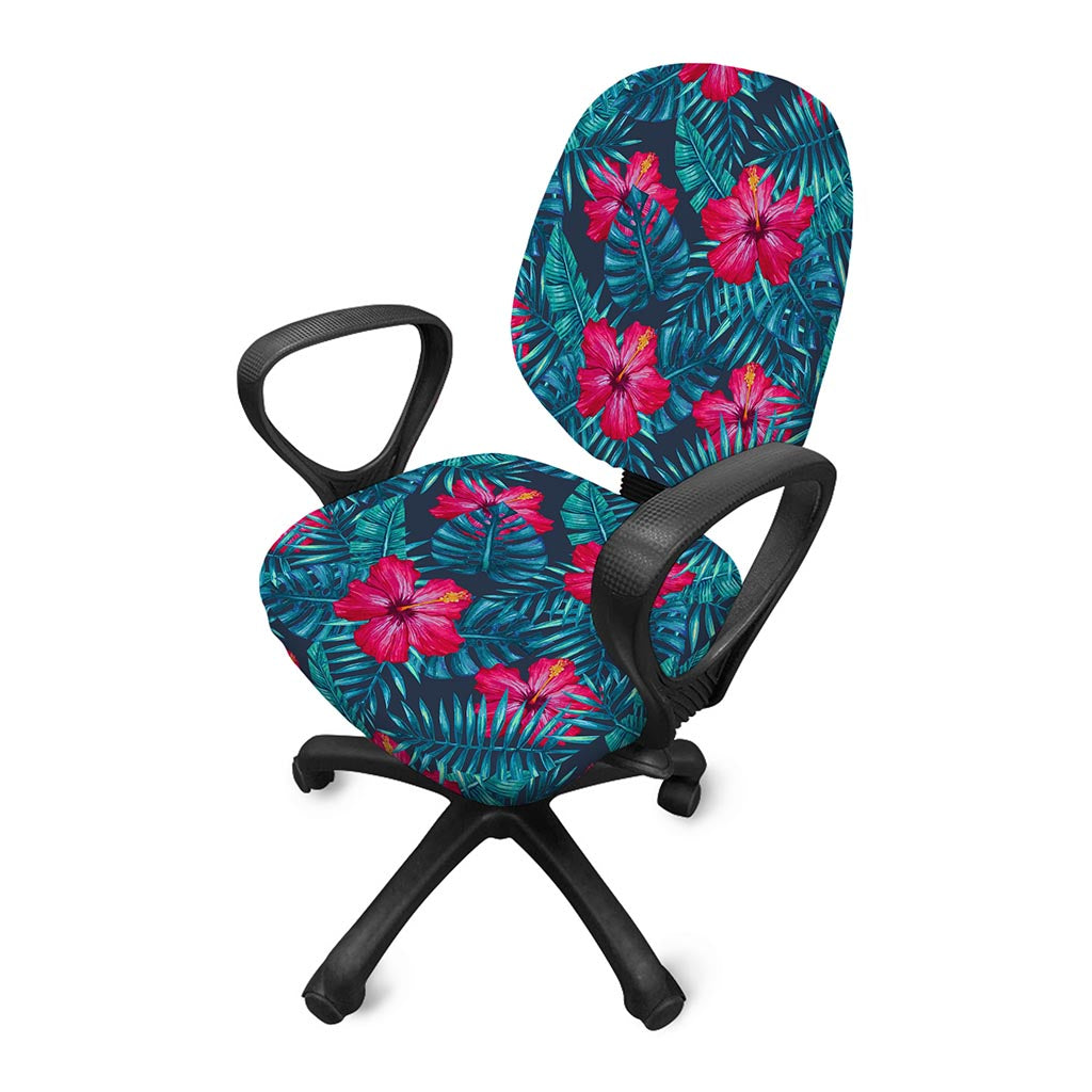 Hot Pink Hibiscus Tropical Pattern Print Office Chair Cover