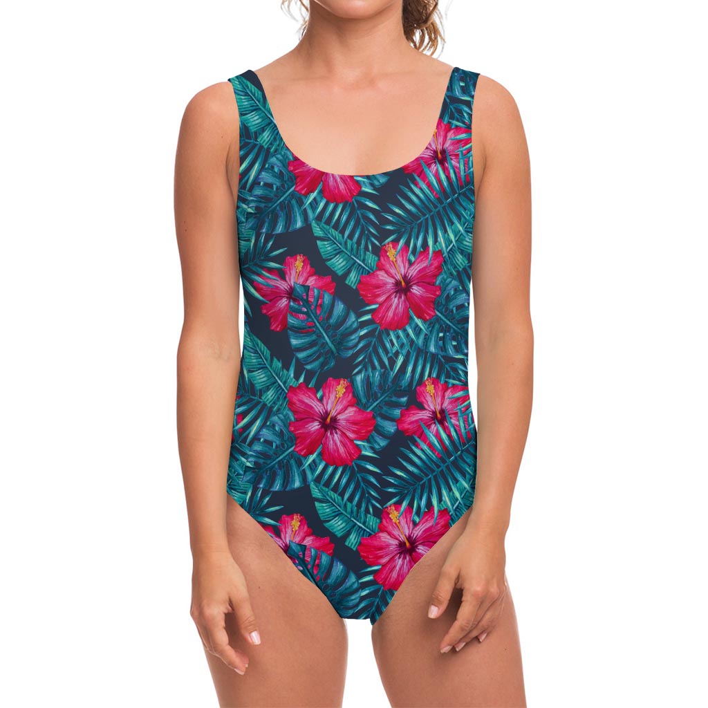 Hot Pink Hibiscus Tropical Pattern Print One Piece Swimsuit