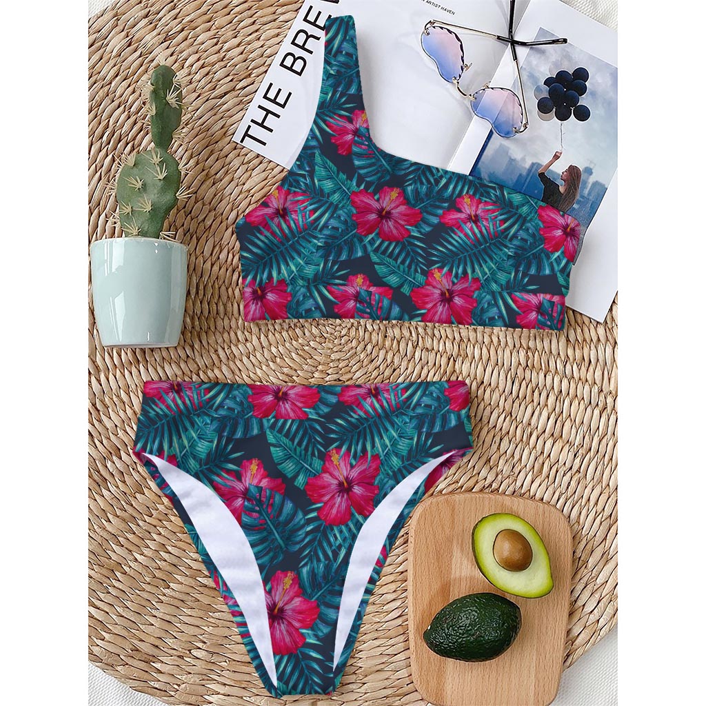 Hot Pink Hibiscus Tropical Pattern Print One Shoulder Bikini Top
