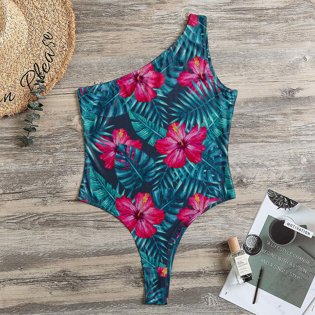 Hot Pink Hibiscus Tropical Pattern Print One Shoulder Bodysuit