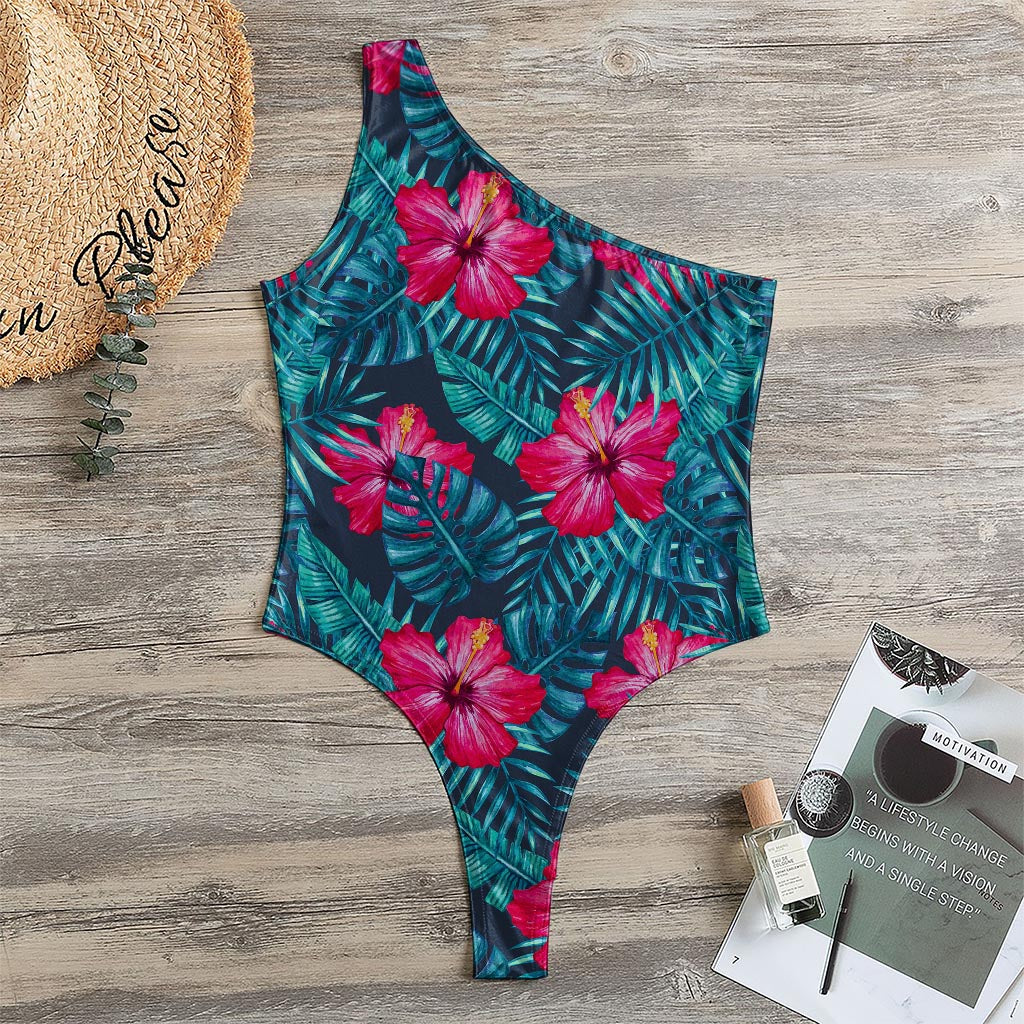 Hot Pink Hibiscus Tropical Pattern Print One Shoulder Bodysuit