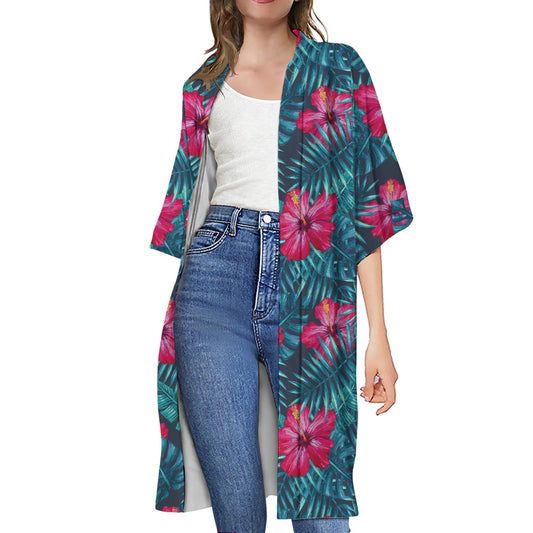 Hot Pink Hibiscus Tropical Pattern Print Open Front Beach Cover Up
