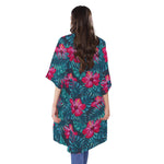 Hot Pink Hibiscus Tropical Pattern Print Open Front Beach Cover Up