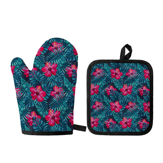 Hot Pink Hibiscus Tropical Pattern Print Oven Mitt And Pot Holder Set