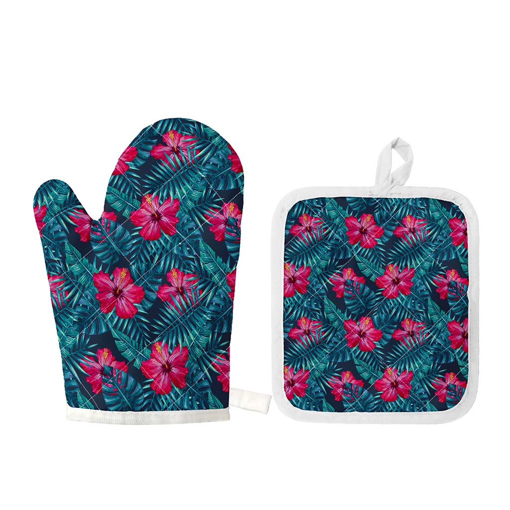 Hot Pink Hibiscus Tropical Pattern Print Oven Mitt And Pot Holder Set