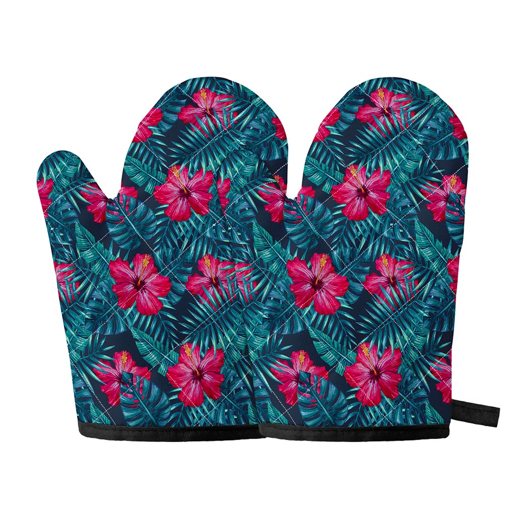 Hot Pink Hibiscus Tropical Pattern Print Oven Mitts