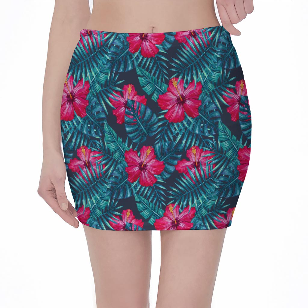 Hot Pink Hibiscus Tropical Pattern Print Pencil Mini Skirt