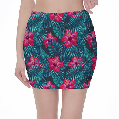 Hot Pink Hibiscus Tropical Pattern Print Pencil Mini Skirt