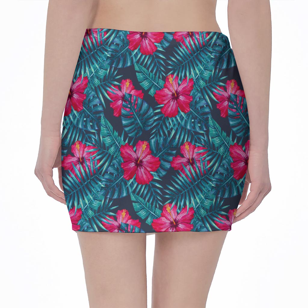 Hot Pink Hibiscus Tropical Pattern Print Pencil Mini Skirt