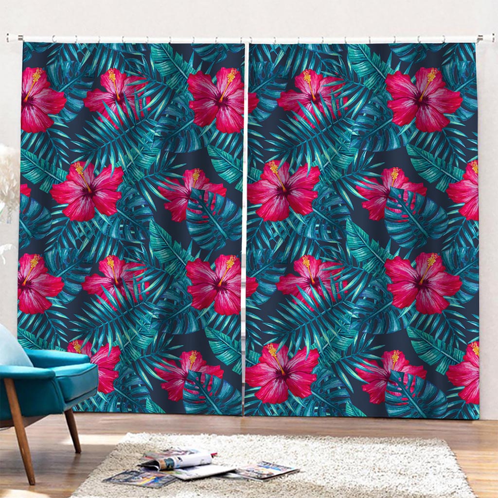 Hot Pink Hibiscus Tropical Pattern Print Pencil Pleat Curtains