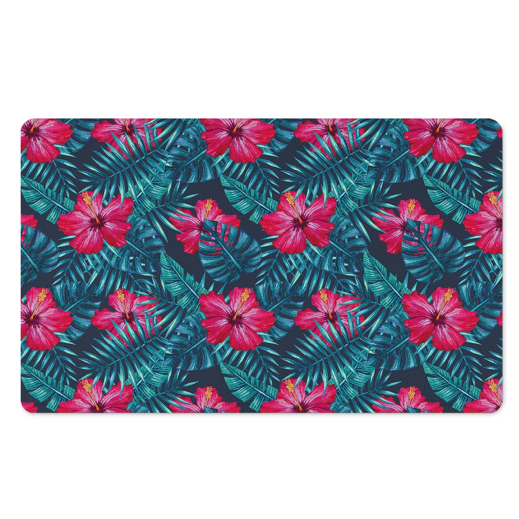 Hot Pink Hibiscus Tropical Pattern Print Polyester Doormat