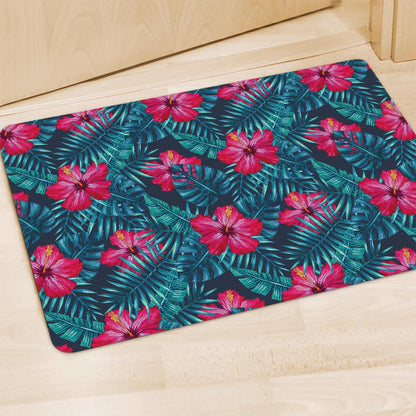 Hot Pink Hibiscus Tropical Pattern Print Polyester Doormat