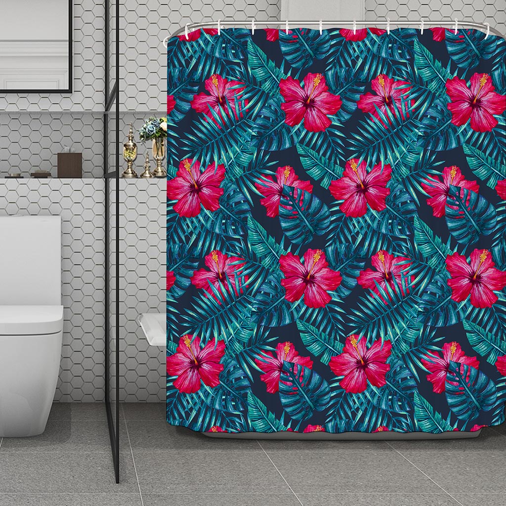 Hot Pink Hibiscus Tropical Pattern Print Polyester Shower Curtain