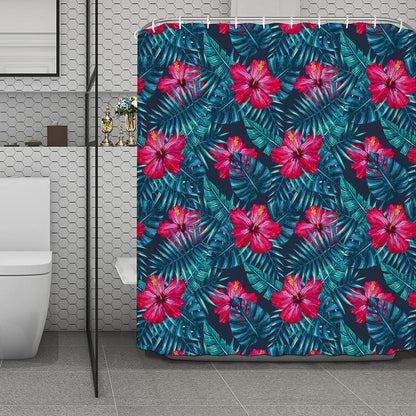 Hot Pink Hibiscus Tropical Pattern Print Polyester Shower Curtain
