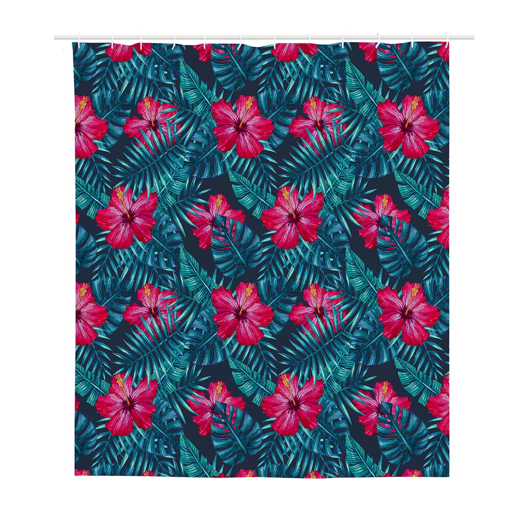 Hot Pink Hibiscus Tropical Pattern Print Polyester Shower Curtain