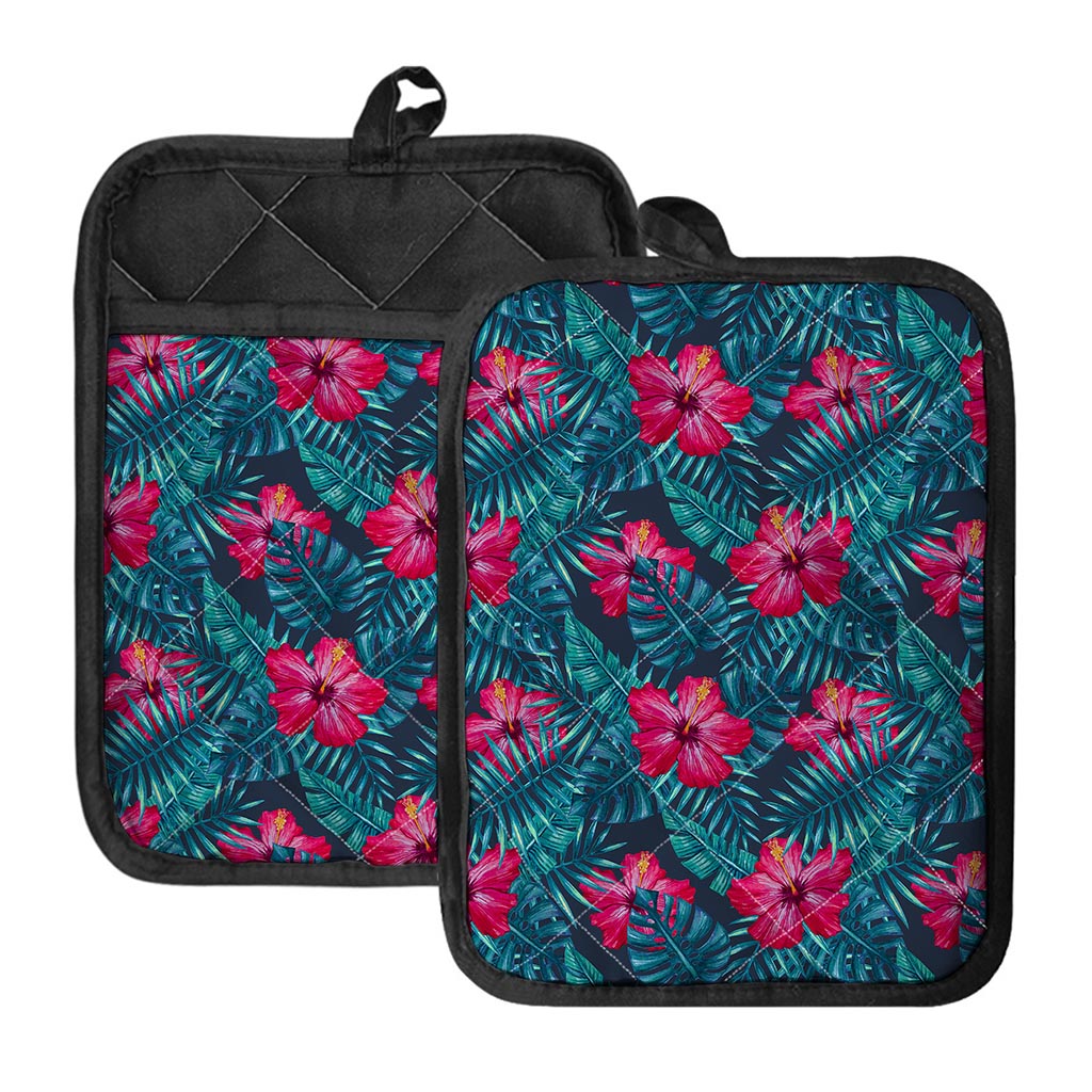 Hot Pink Hibiscus Tropical Pattern Print Pot Holders With Pocket