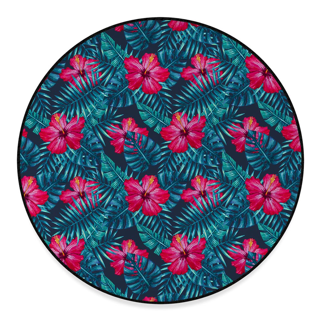 Hot Pink Hibiscus Tropical Pattern Print Round Floor Mat