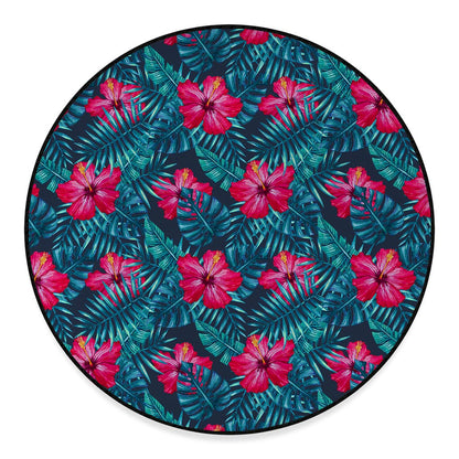 Hot Pink Hibiscus Tropical Pattern Print Round Floor Mat