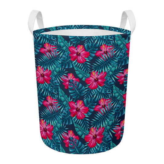 Hot Pink Hibiscus Tropical Pattern Print Round Laundry Basket