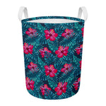 Hot Pink Hibiscus Tropical Pattern Print Round Laundry Basket