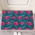 Hot Pink Hibiscus Tropical Pattern Print Rubber Doormat