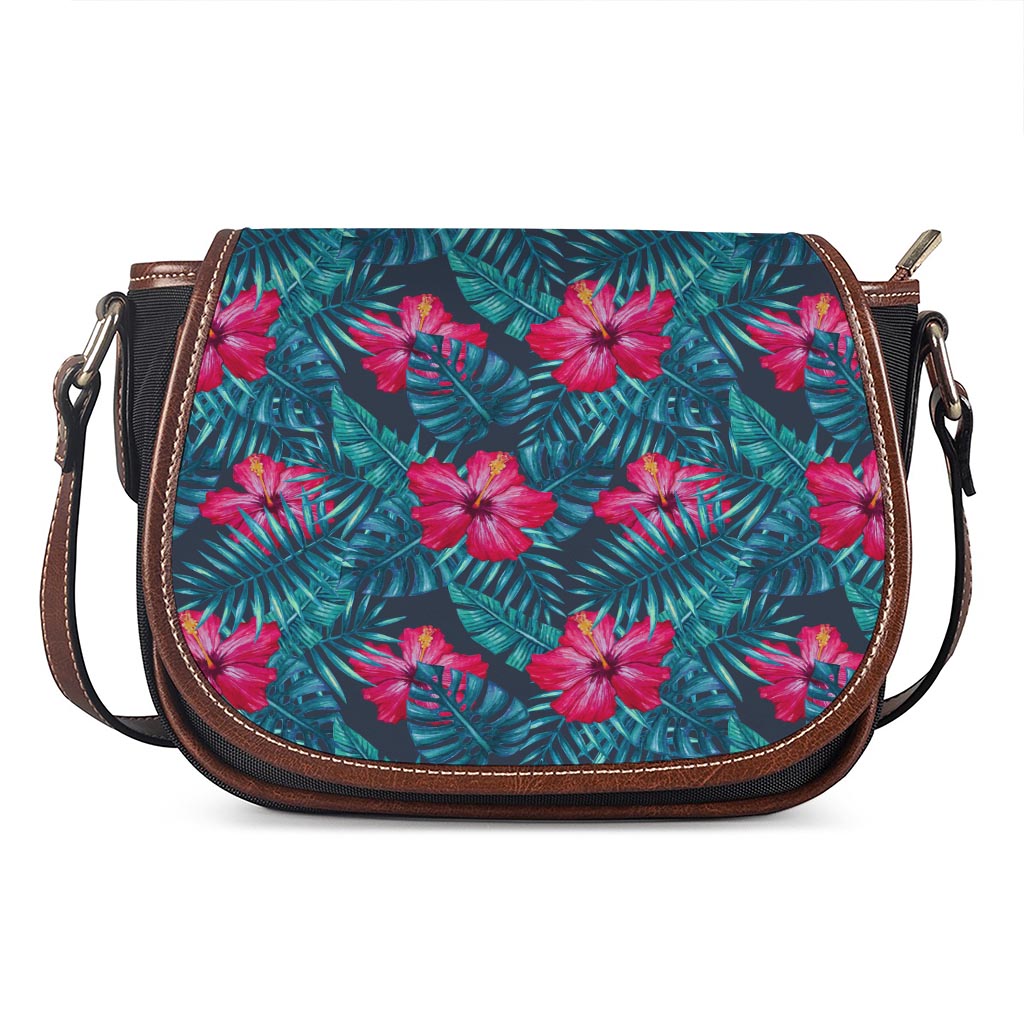 Hot Pink Hibiscus Tropical Pattern Print Saddle Bag