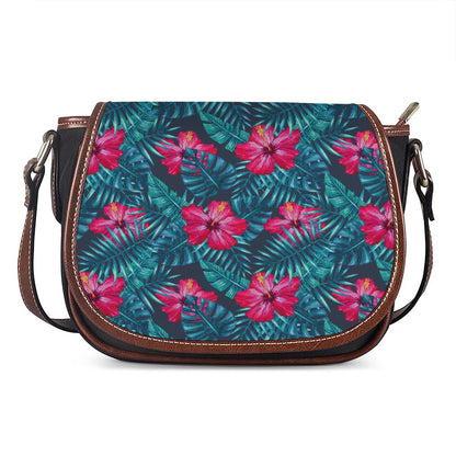 Hot Pink Hibiscus Tropical Pattern Print Saddle Bag