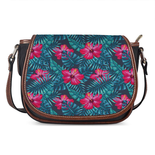 Hot Pink Hibiscus Tropical Pattern Print Saddle Bag