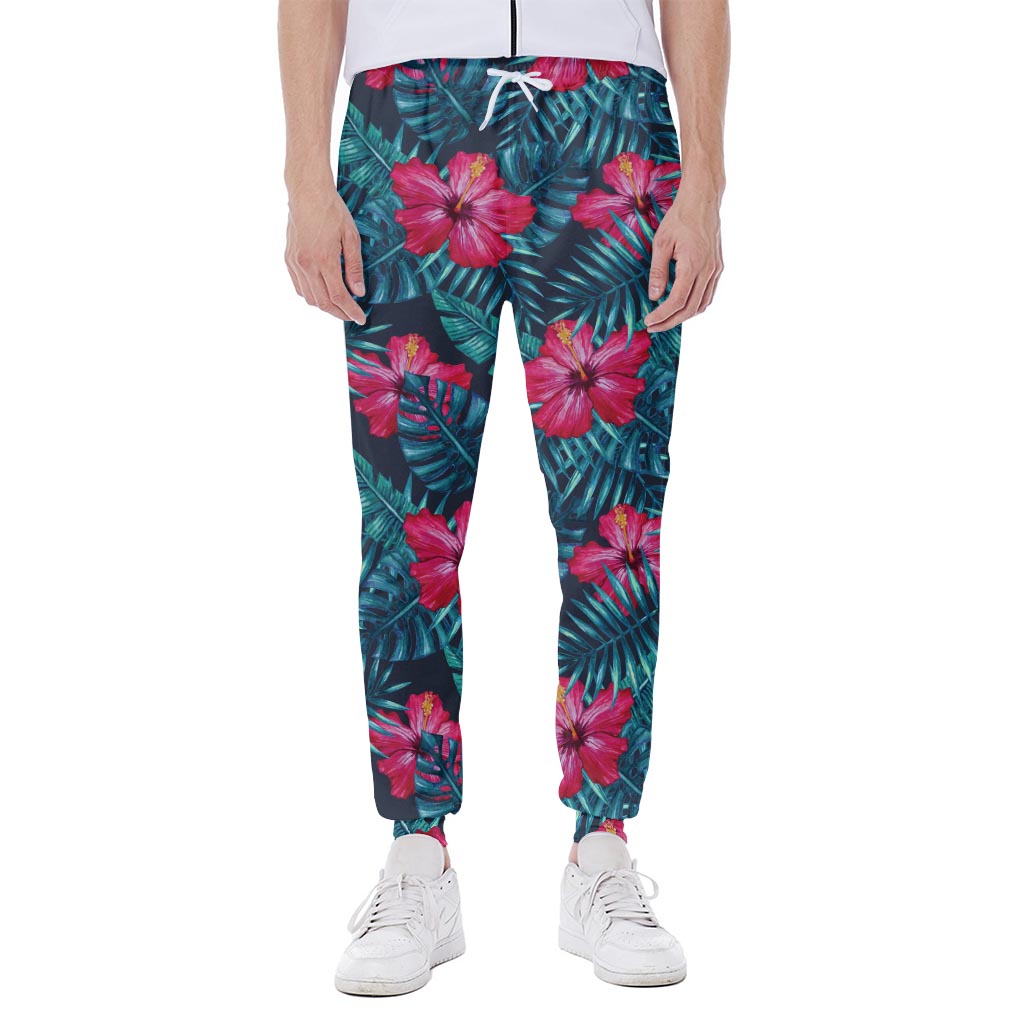 Hot Pink Hibiscus Tropical Pattern Print Scuba Joggers