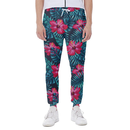 Hot Pink Hibiscus Tropical Pattern Print Scuba Joggers