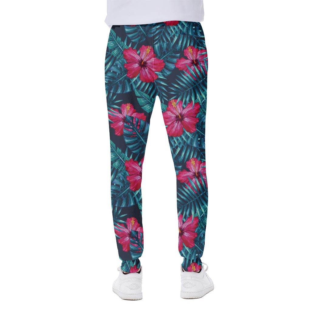 Hot Pink Hibiscus Tropical Pattern Print Scuba Joggers
