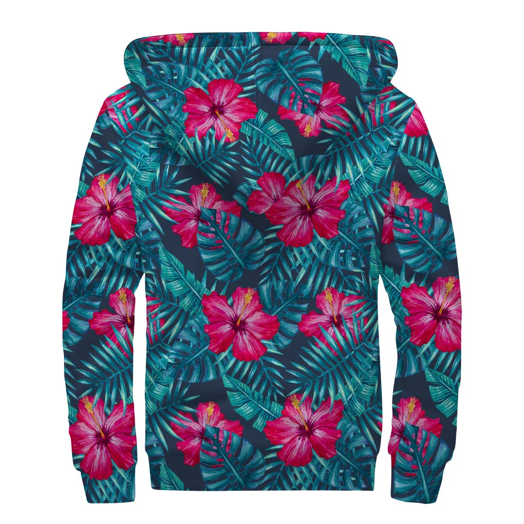 Hot Pink Hibiscus Tropical Pattern Print Sherpa Lined Zip Up Hoodie