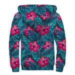 Hot Pink Hibiscus Tropical Pattern Print Sherpa Lined Zip Up Hoodie