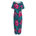 Hot Pink Hibiscus Tropical Pattern Print Short Sleeve Long Nightdress