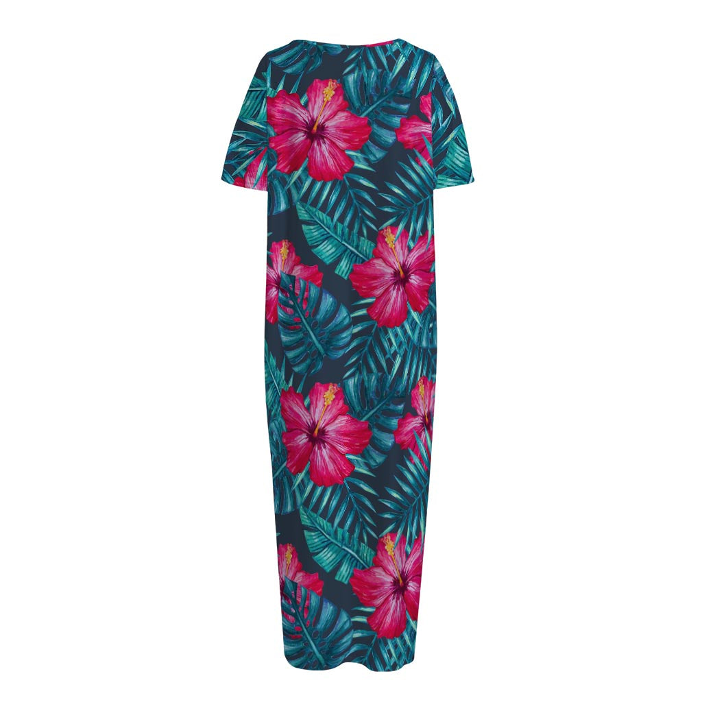 Hot Pink Hibiscus Tropical Pattern Print Short Sleeve Long Nightdress