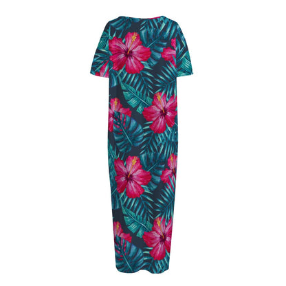 Hot Pink Hibiscus Tropical Pattern Print Short Sleeve Long Nightdress