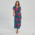 Hot Pink Hibiscus Tropical Pattern Print Short Sleeve Maxi Dress