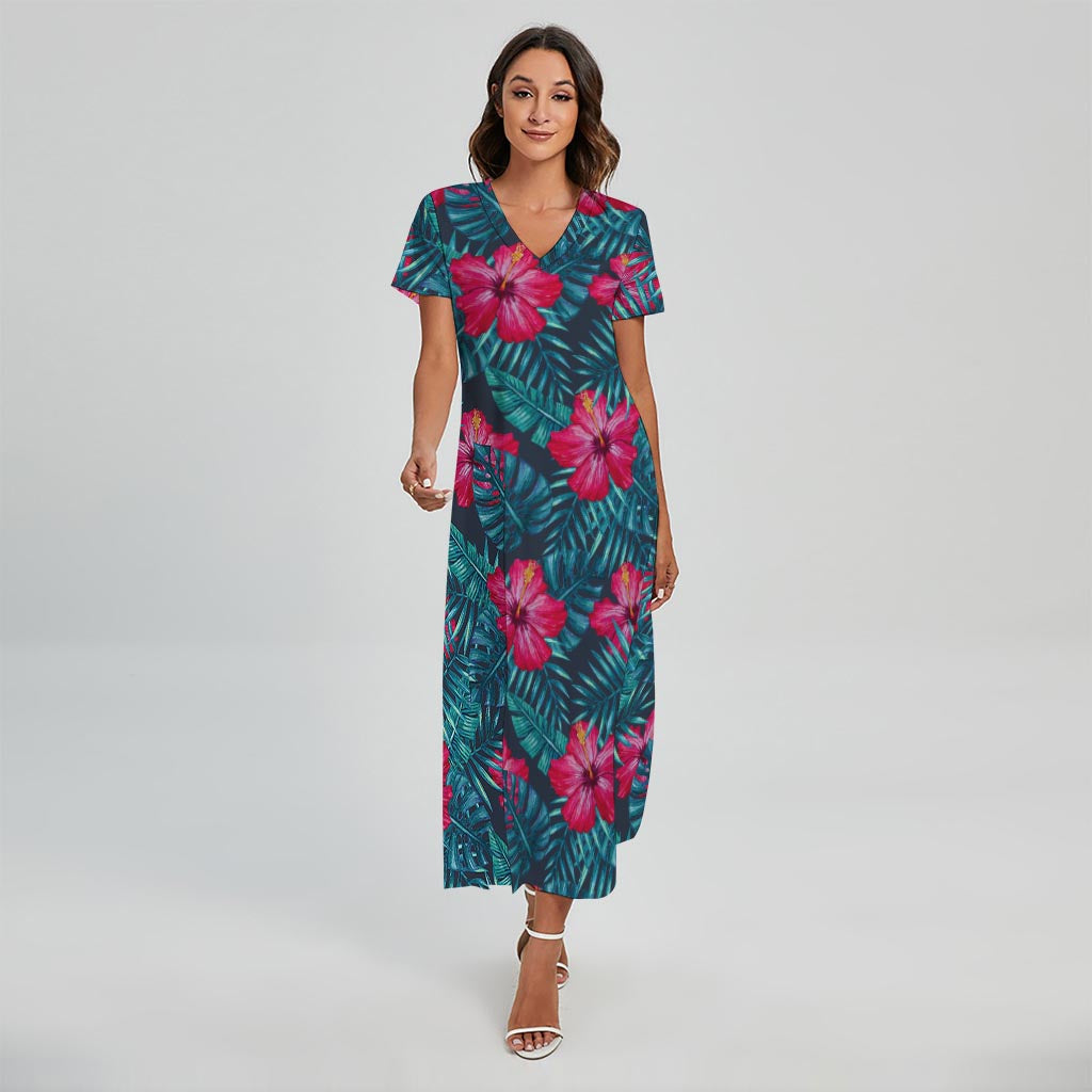 Hot Pink Hibiscus Tropical Pattern Print Short Sleeve Maxi Dress