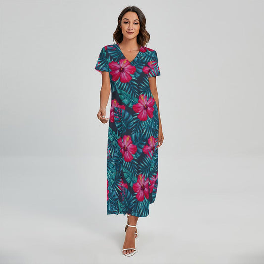 Hot Pink Hibiscus Tropical Pattern Print Short Sleeve Maxi Dress