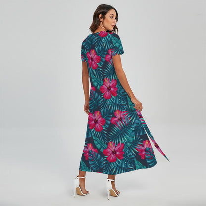 Hot Pink Hibiscus Tropical Pattern Print Short Sleeve Maxi Dress