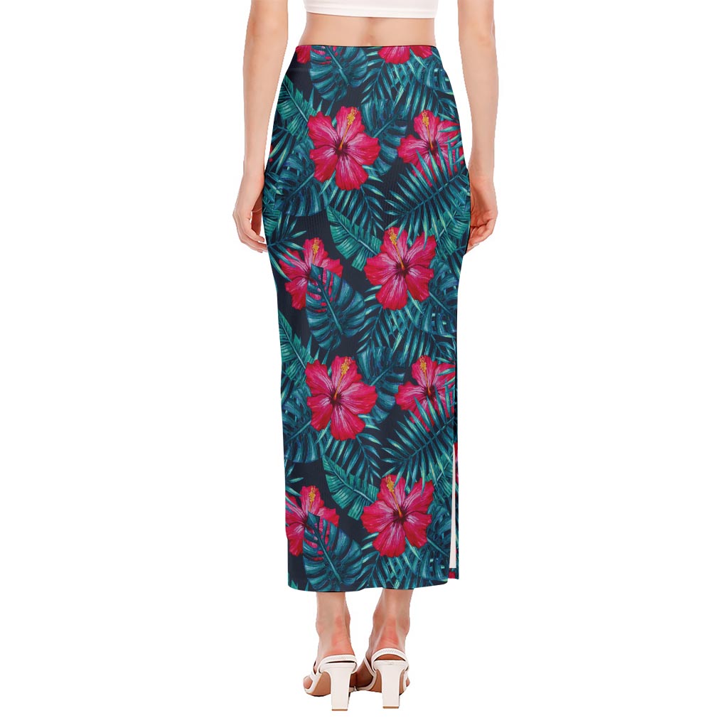 Hot Pink Hibiscus Tropical Pattern Print Side Slit Maxi Skirt
